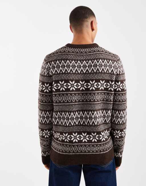 Threadbare - Fairisle trui met ronde hals in chocoladebruin, 3 van 5