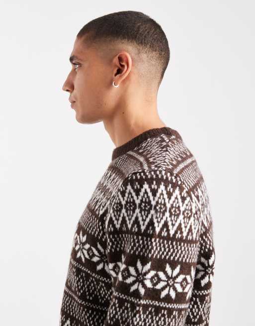Threadbare - Fairisle trui met ronde hals in chocoladebruin, 4 van 5