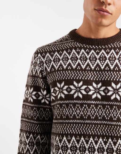 Threadbare - Fairisle trui met ronde hals in chocoladebruin, 5 van 5