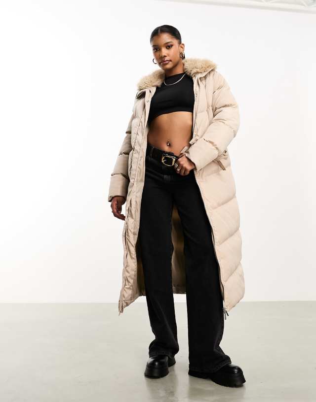 Threadbare - fairy longline maxi puffer coat with faux fur collar in stone