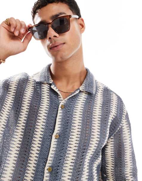 Threadbare textured short sleeve shirt in blue and ecru stripe