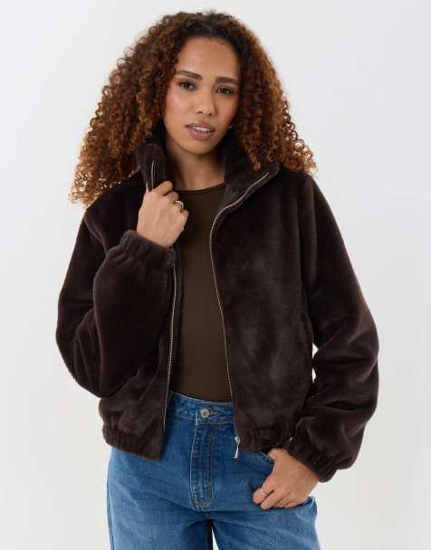 Threadbare Faux fur bomber jacket in chocolate brown - view 1