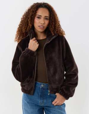 Threadbare Faux fur bomber jacket in chocolate brown