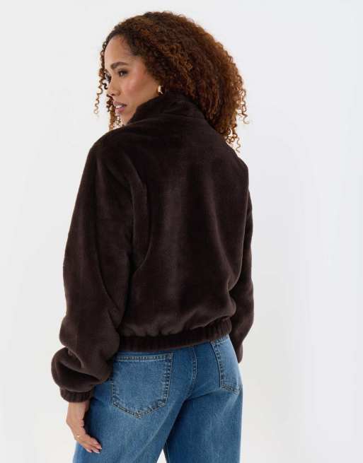 Threadbare Faux fur bomber jacket in chocolate brown, 2 of 5