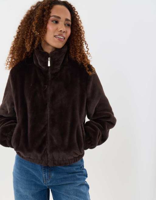 Threadbare Faux fur bomber jacket in chocolate brown, 3 of 5