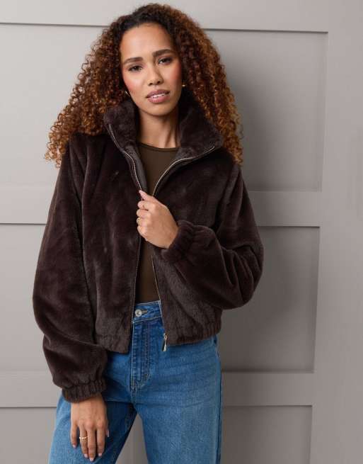 Threadbare Faux fur bomber jacket in chocolate brown, 5 of 5