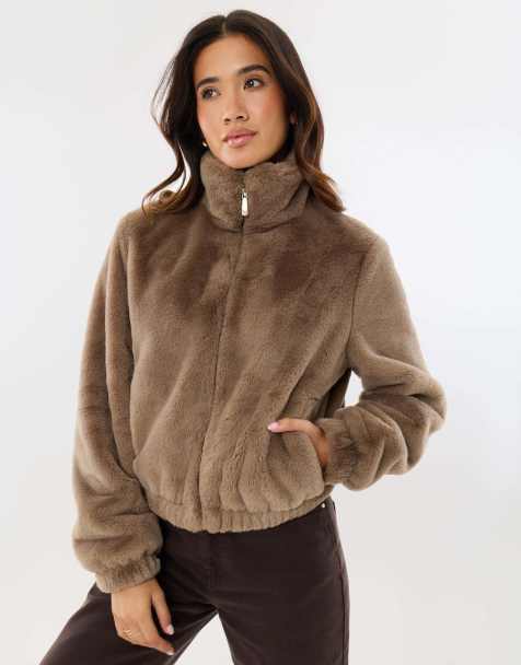 Threadbare Faux fur bomber jacket in mink brown - view 1