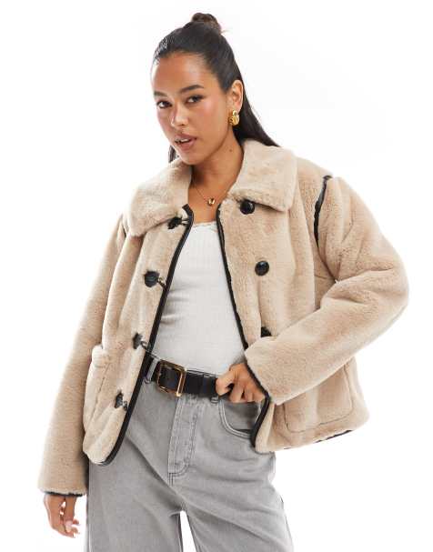 Threadbare faux fur button up jacket in stone - view 1