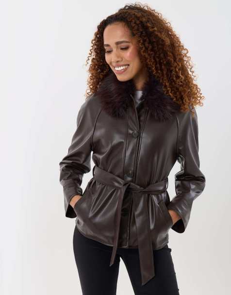 Threadbare Faux fur collar shacket in chocolate brown - view 1