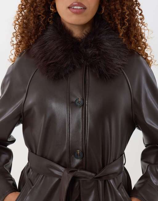 Threadbare Faux fur collar shacket in chocolate brown, 3 of 5