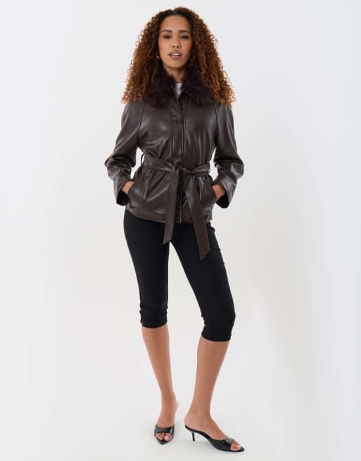Threadbare Faux fur collar shacket in chocolate brown, 4 of 5