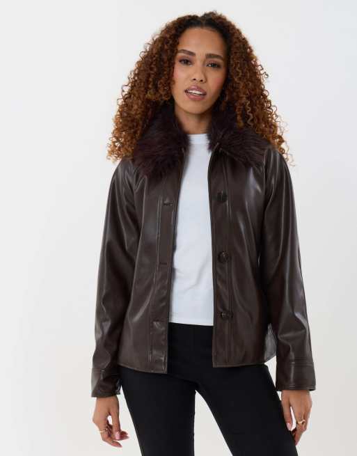Threadbare Faux fur collar shacket in chocolate brown, 5 of 5