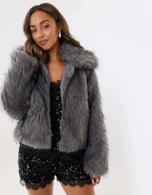 Threadbare Faux fur collared coat in charcoal grey, 2 of 4