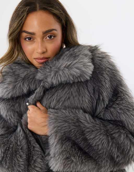 Threadbare Faux fur collared coat in charcoal grey, 3 of 4