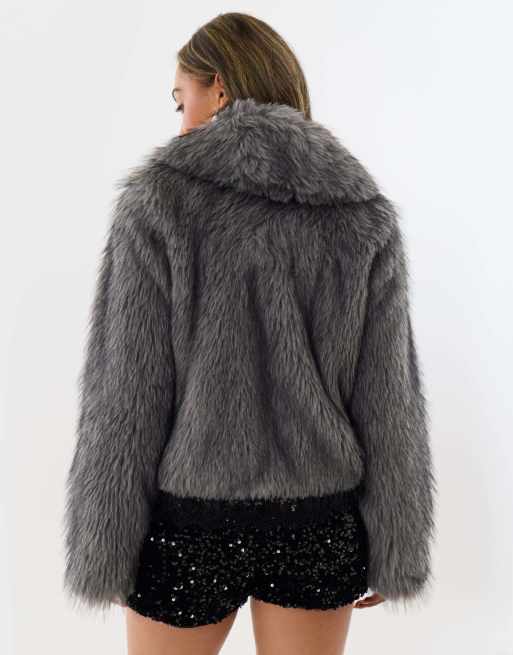 Threadbare Faux fur collared coat in charcoal grey, 4 of 4