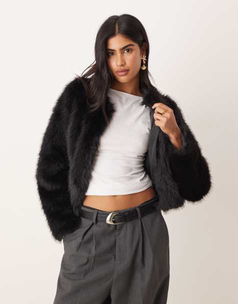 Threadbare faux fur collarless jacket in black - view 1