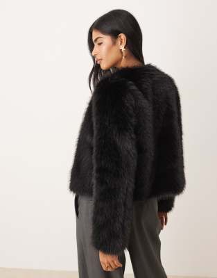Threadbare Faux Fur Collarless Jacket In Black