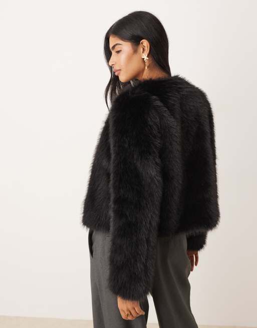 Threadbare faux fur collarless jacket in black, 2 of 4
