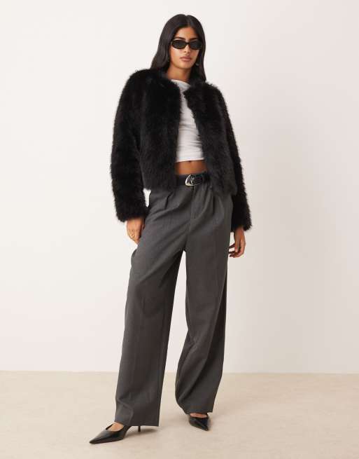 Threadbare faux fur collarless jacket in black ASOS