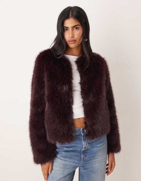 Threadbare faux fur collarless jacket in fig - view 1