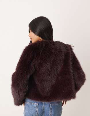Threadbare Faux Fur Collarless Jacket In Burgundy