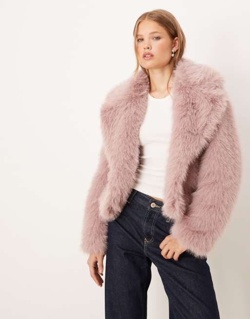 新品未使用 THEREDTHREAD fur jacket short ピンク Threadbare faux fur jacket with collar in pink | ASOS