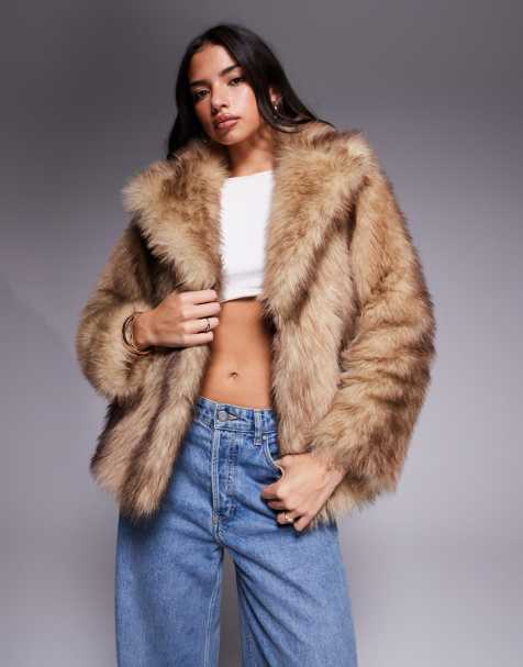Threadbare faux fur jacket with oversized collar in light brown