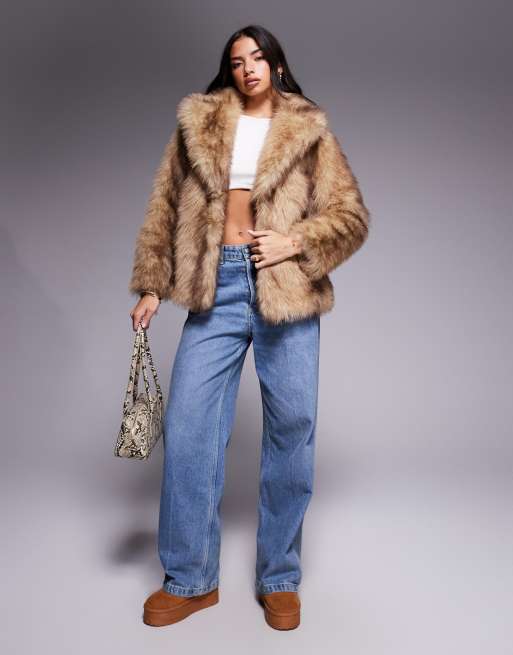 Threadbare faux fur jacket with oversized collar in light brown, 3 of 4