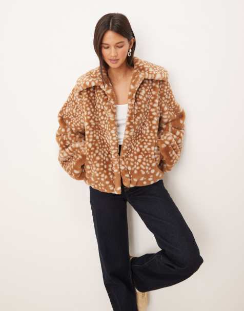 Threadbare faux fur jacket with oversized collar in tan deer print