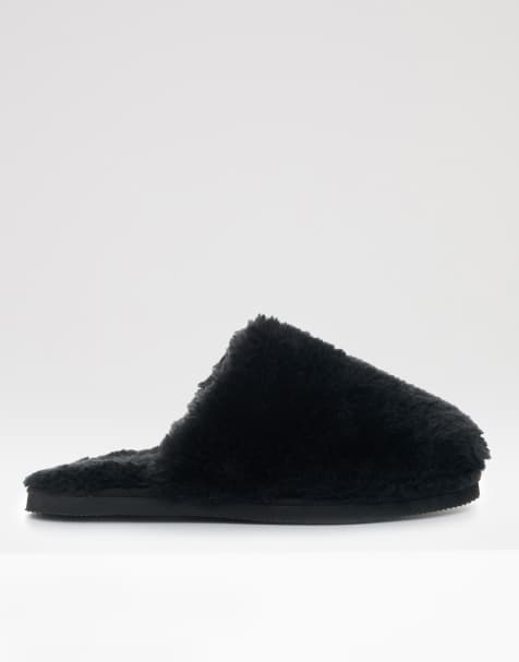 Threadbare Faux fur mule slippers in black - view 1