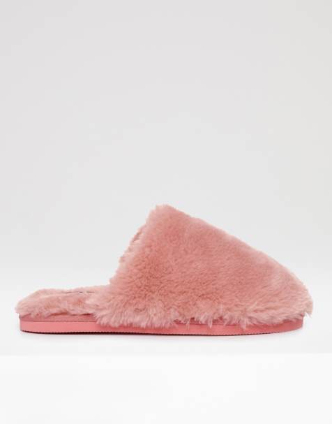 Threadbare Faux fur mule slippers in pink - view 1