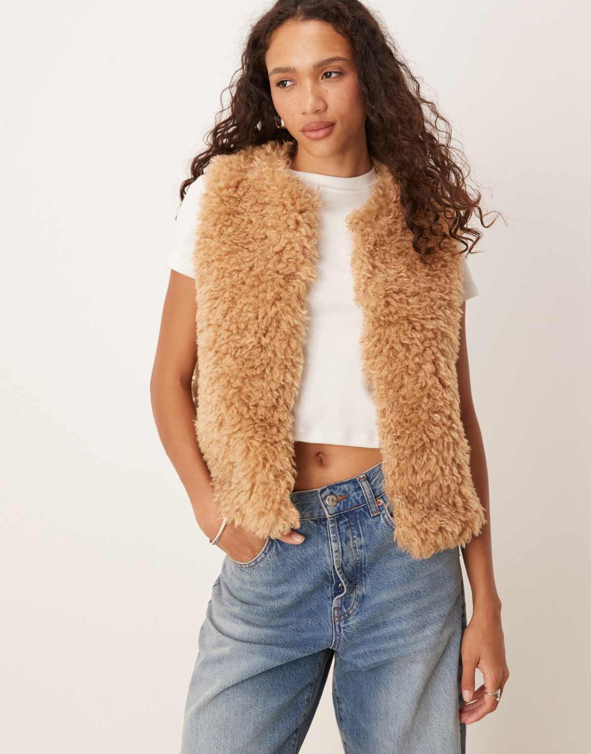 Threadbare faux fur shearling gilet in tan