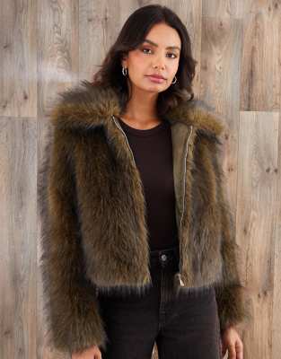 Threadbare Faux Fur Zip Through Coat In Green