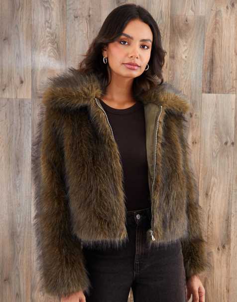 Threadbare Faux fur zip through coat in olive - view 1