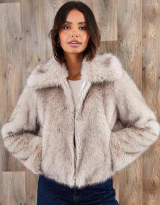 Threadbare Faux Fur Zip Through Coat In Neutral