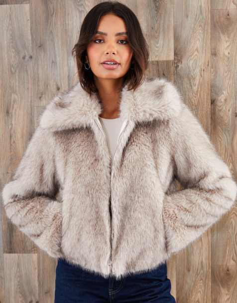 Threadbare Faux fur zip through coat in taupe - view 1