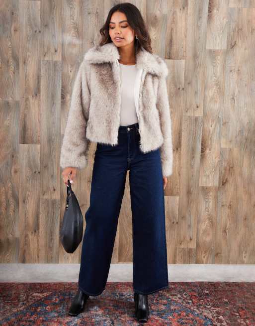 Threadbare Faux fur zip through coat in taupe, 2 of 4
