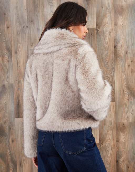 Threadbare Faux fur zip through coat in taupe, 3 of 4