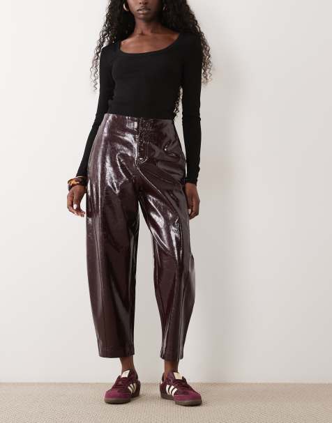 Threadbare faux leather barrel leg trousers in plum - view 1