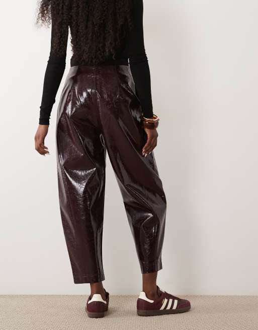 Threadbare faux leather barrel leg trousers in plum , 4 of 5
