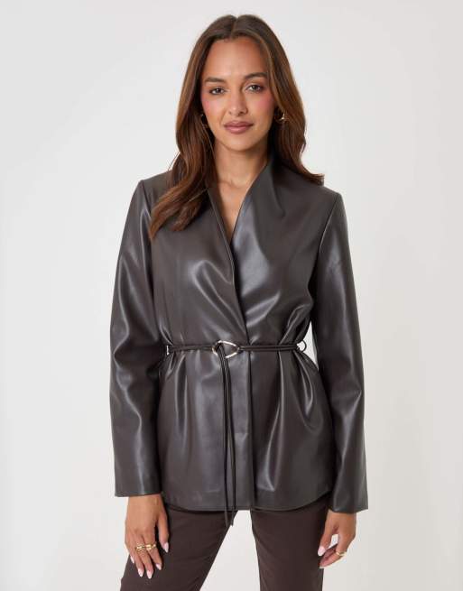 Threadbare Faux leather belted blazer in chocolate brown, 4 of 5