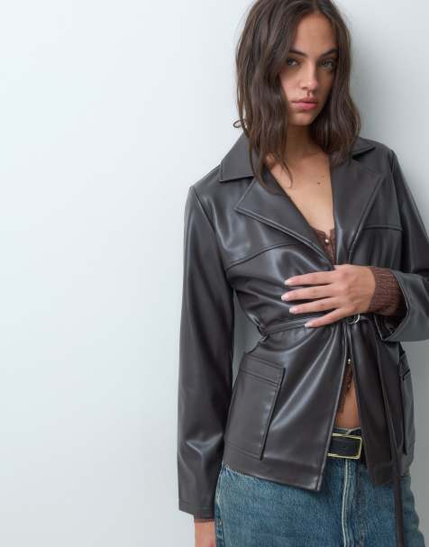 Threadbare faux leather blazer with belt in brown - view 1