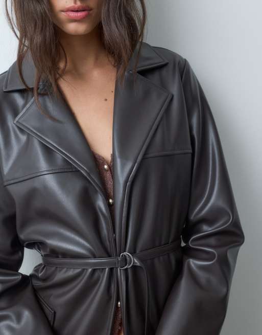 Threadbare faux leather blazer with belt in brown, 4 of 5