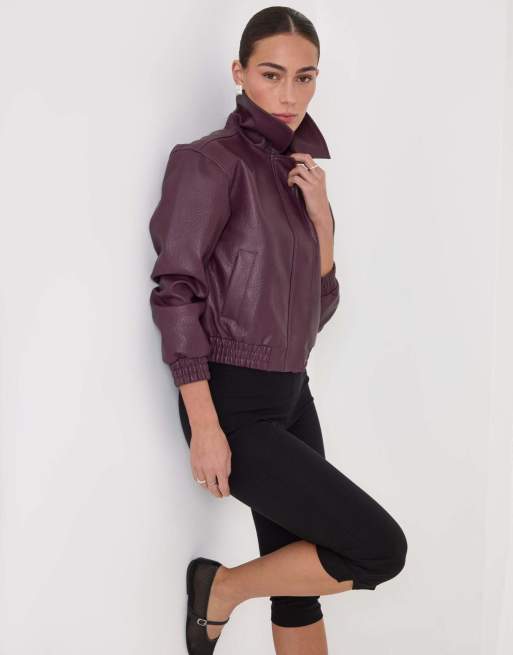 Threadbare Faux leather collared bomber jacket in plum, 2 of 5