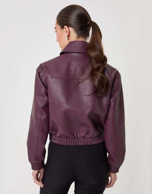 Threadbare Faux leather collared bomber jacket in plum, 4 of 5