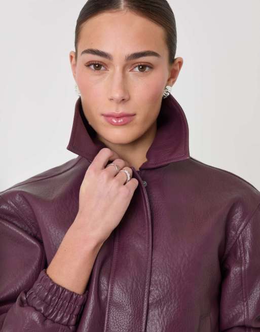 Threadbare Faux leather collared bomber jacket in plum, 5 of 5