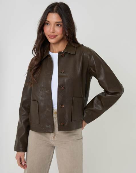 Threadbare Faux leather cropped button up jacket in chocolate - view 1