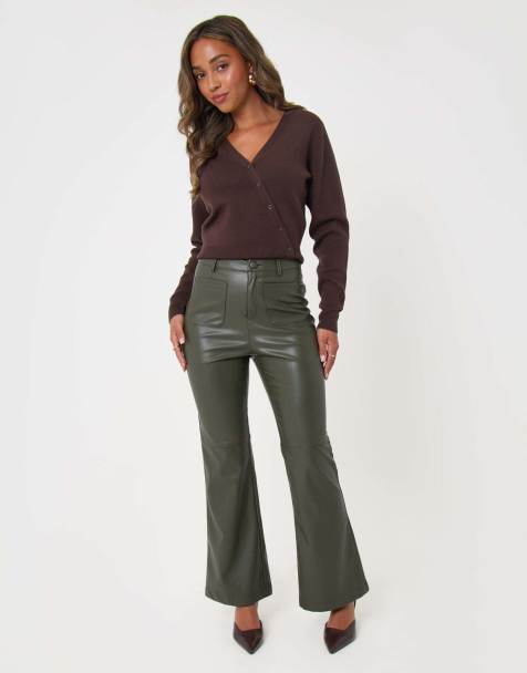 Threadbare Faux leather flared trousers in khaki - view 1