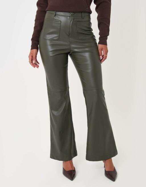 Threadbare Faux leather flared trousers in khaki, 2 of 5
