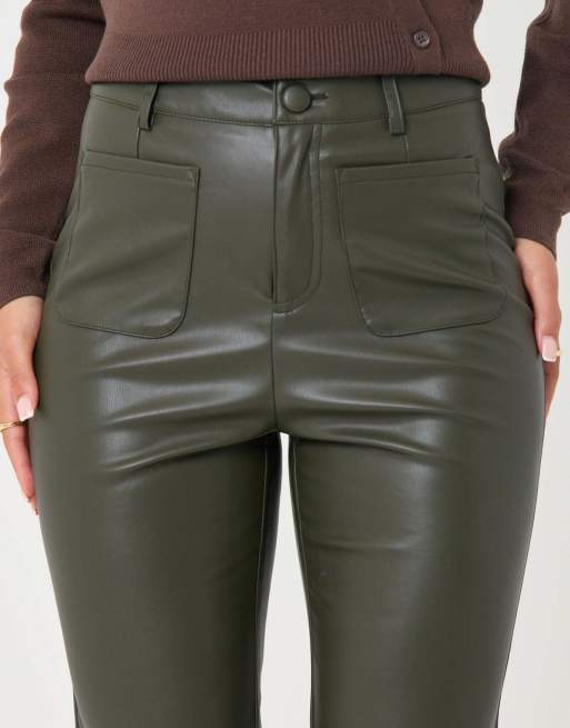 Threadbare Faux leather flared trousers in khaki, 3 of 5